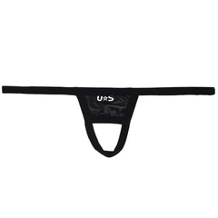 Black u station ball holder thong with glossy stretchy fabric and central pouch design for support and comfort