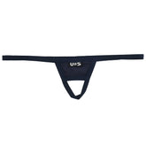 Dark navy blue u station ball holder thong made of smooth stretchy fabric with a simple design