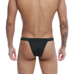 Black thong bikini u-station bow u0052-001 made of smooth stretchy fabric with a narrow waistband shown from the back