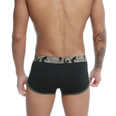 Black briefs with a khaki camouflage waistband featuring running figure silhouettes from u-station brazilian trunk u0005-274