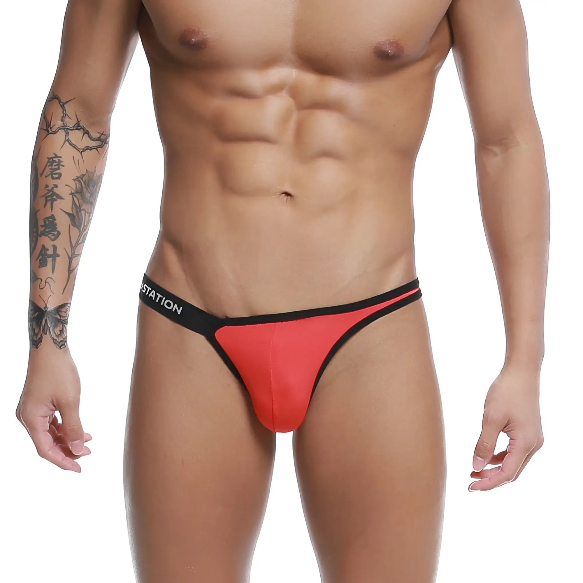 Red and black thong bikini in a sleek form fitting design from u station calypso collection model u0012 600
