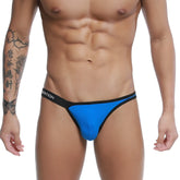 Bright blue thong bikini with black trim and station logo on waistband u-station calypso bikini royal u0012-432