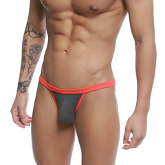 A sleek two-toned men’s thong in vibrant coral and dark gray fabric with a snug-fitting design u-station frisa thong gray u0124-013