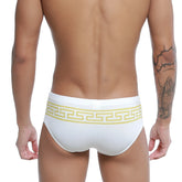 White swim trunks u-station greek bikini gold u0042-110 with bold yellow greek key pattern waistband