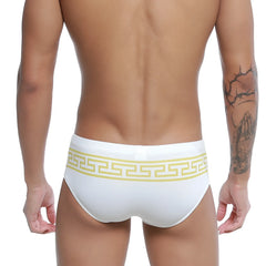 White swim trunks u-station greek bikini gold u0042-110 with bold yellow greek key pattern waistband