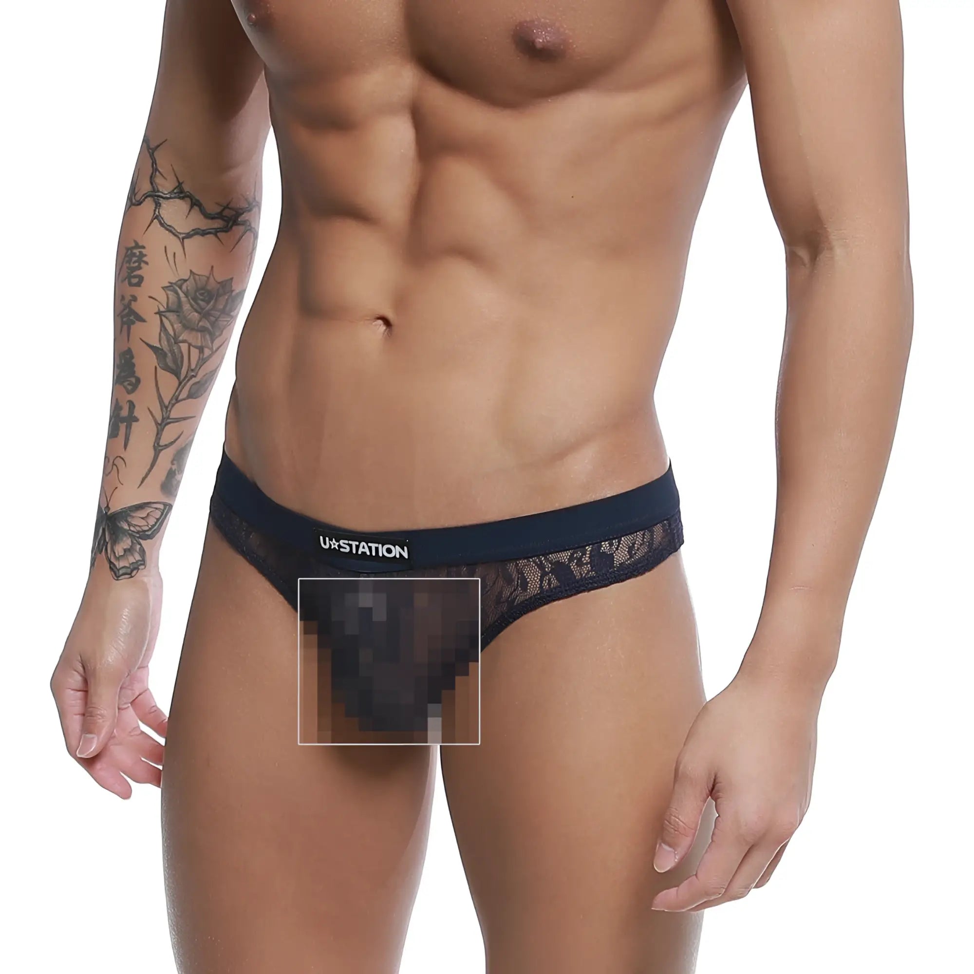Black lace thong with branded waistband u station love thong blue u0404-199 shown from the back side