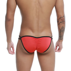 Back side of red and black u-station skeleton bikini thong with ruched back and elastic waistband designed for swimwear