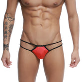 Red and black u-station skeleton bikini thong with a sleek minimalist design showing front view