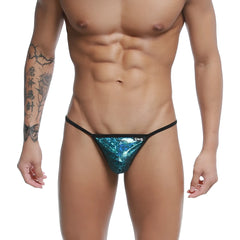 Shiny teal sequined U-Station string thong with black trim in blue peacock color front view