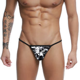 Black and white camouflage string thong with black waistband and urs brand logo u station string thong camo us304-994