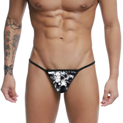 Black and white camouflage string thong with black waistband and urs brand logo u station string thong camo us304-994