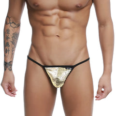 U-station string thong gold u0304-997 featuring gold metallic snake-scale pattern with black trim and uks logo on side