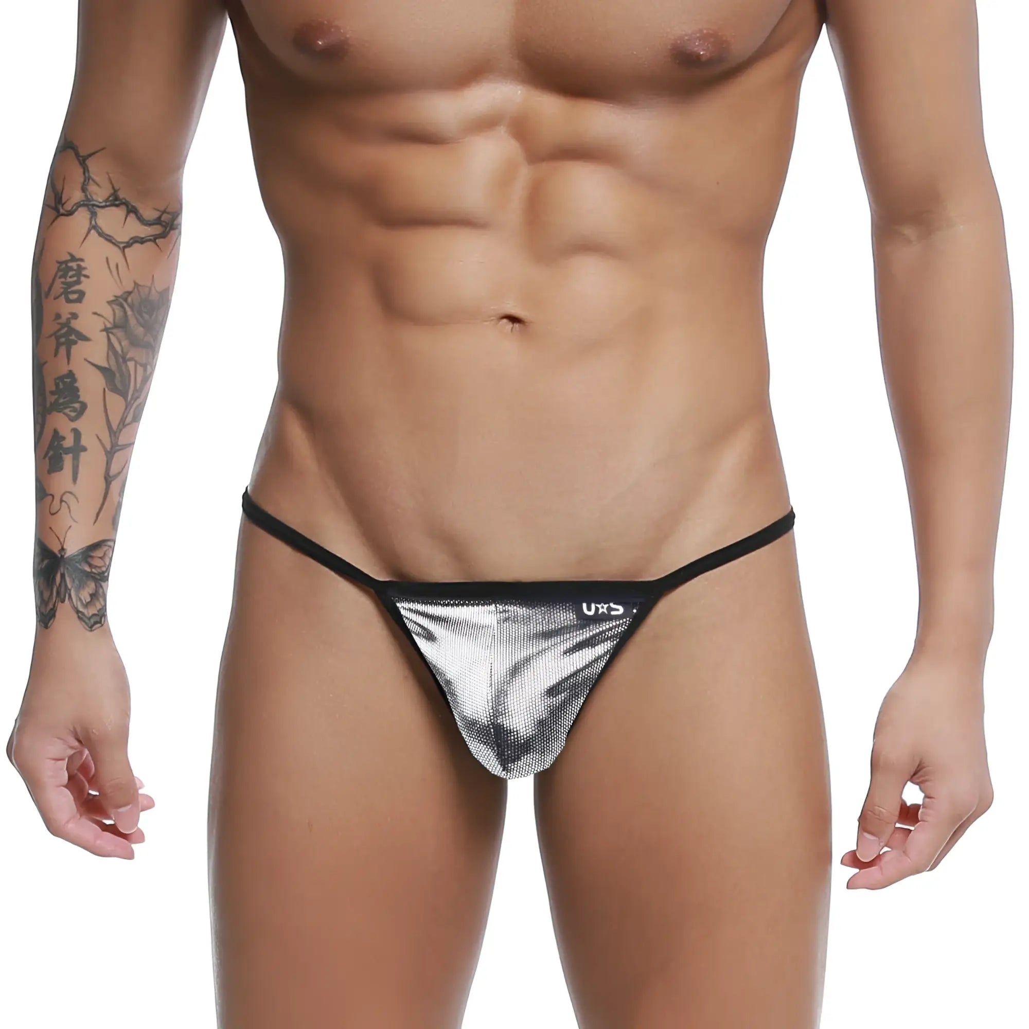 Silver metallic mesh string thong with black trim and small uxs logo on waistband u-station u0304-993