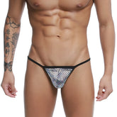 Black-trimmed mesh thong with a shimmering iridescent pattern u-station string thong technic u0304-992 front view