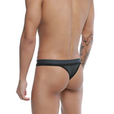 Black u-station talent thong with solid waistband and textured fabric in gray shown from the back side