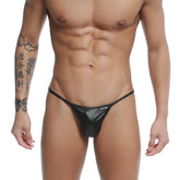 Black shiny faux leather thong with small ukd logo front u station trendy thong black u1114-001