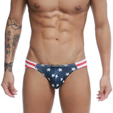 Blue american flag-themed briefs with white stars and red and white striped waistband by U-Station usa bikini U0022-606