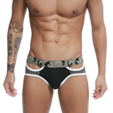 Black and gray camouflage u station wings brief with white trim and bold u.s logo in cotton fabric
