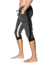 Gray and black ultra-flex tri-color cuffed yoga capri pants with white side stripe designed for athletic use