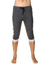 Gray heathered ultra-flex tri-color cuffed yoga capri pants with black drawstring waistband and rolled cuffs