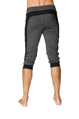 Gray and black ultra-flex tri-color cuffed yoga pant with textured fabric and contrasting side panels for athletic use