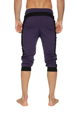 Ultra-flex tri-color cuffed yoga pant in eggplant with black and charcoal panels and elastic cuffs for athletic use