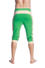 Ultra-flex tri-color cuffed yoga capri pants in green sand and chocolate with ribbed waistband side stripes and rolled cuffs