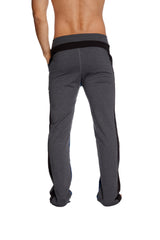 Gray ultra flex yoga track pants with black side panels and waistband designed for comfortable yoga and sweat sessions