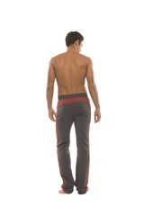 Ultra flex yoga sweat pant in charcoal with cinnabar red side stripes and waistband for flexible workouts