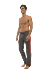 Charcoal ultra flex yoga track and sweat pant with red cinnabar side stripe and drawstring waistband for athletic use