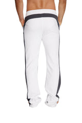 White ultra flex yoga sweatpants with black side stripes and matching waistband in a relaxed fit for comfort