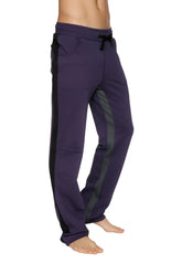 Ultra flex yoga track and yoga sweat pant in eggplant with black and charcoal side stripes and drawstring waistband