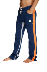 Royal blue ultra flex yoga sweatpants with bold orange and grey side stripes drawstring waistband and cuffed ankles