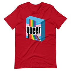 Red short-sleeved cotton t-shirt with rainbow-striped box and bold black queer print from ultra queer collection