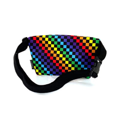 Ultra slim fanny pack with rainbow checkered design and black adjustable strap for hands-free carrying