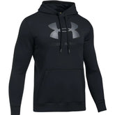 Under armour rival fitted graphic hoodie black with gray logo and drawstrings in size medium front view