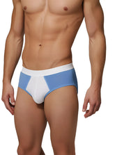 Undergear basix stan two-tone brief in blue and white athletic fabric with sleek modern design in size s and 2xl