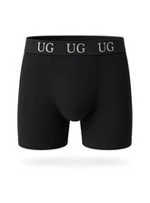 Black ug brand cotton boxer briefs with snug waistband featuring repeating silver ug lettering undergear cotton trunk