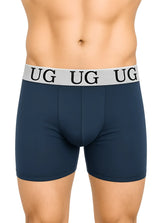 Undergear cotton trunk navy blue boxer briefs with white elastic waistband and black ug lettering in front view