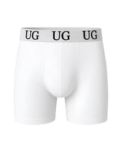 White Undergear cotton boxer briefs with gray waistband and black ug lettering front view