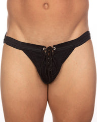 Black lace-up thong undergear fizx mark solid knit jockstrap with textured fabric and metallic eyelets