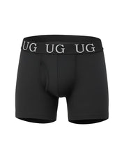 Black undergear fly front cotton boxer brief with gray ug logo band and comfortable breathable fabric