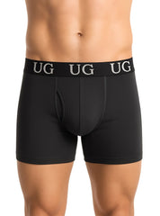 Black undergear fly front cotton boxer briefs with white ug logo repeated on the waistband