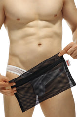 Black mesh underwear laundry bag with black zipper and red brand tag for delicate garment protection