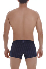 Navy blue striped unico senda trunks with subtle pinstripe pattern and branded waistband tag in dark blue color