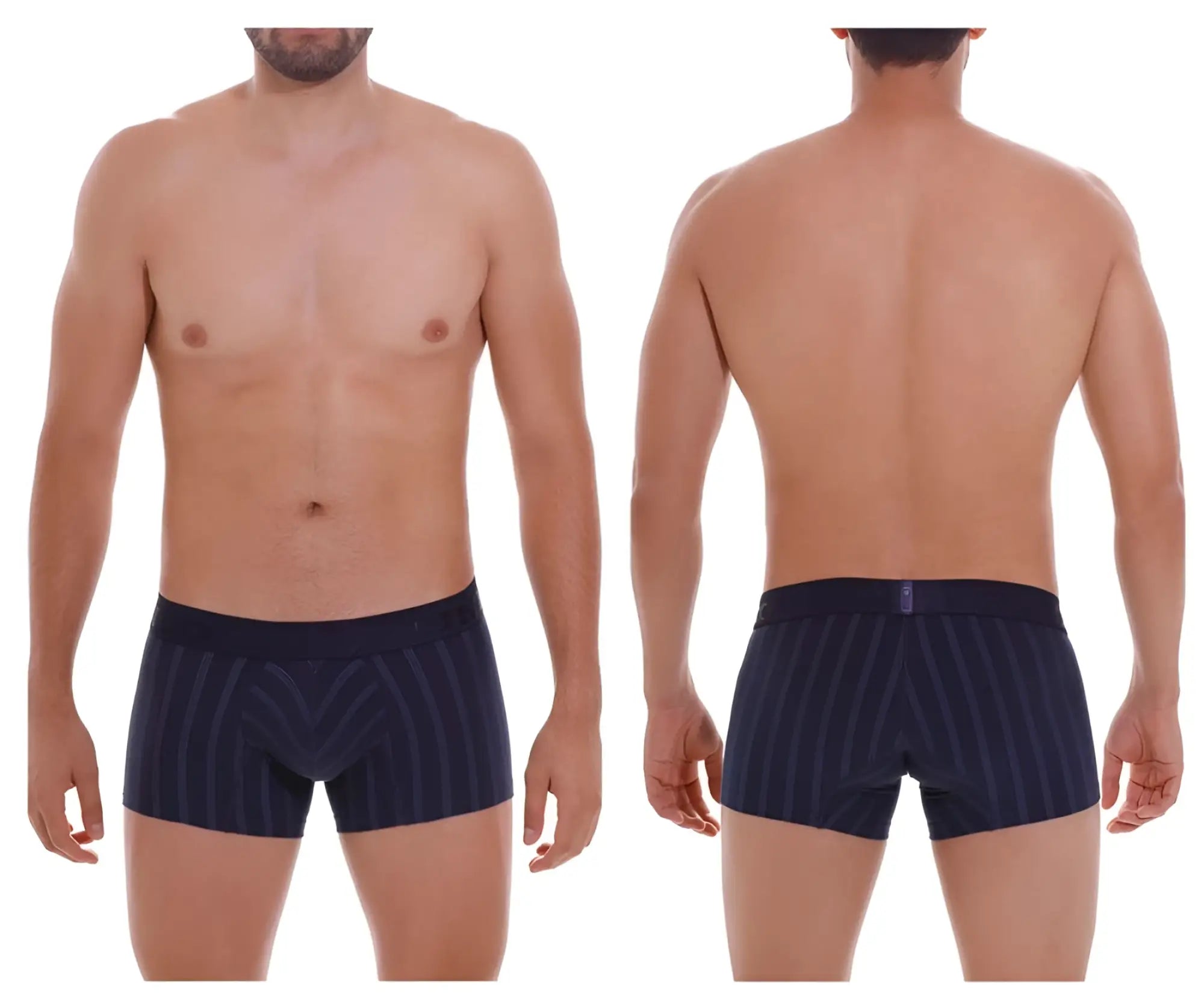 Navy blue Unico Senda trunks with elastic waistband and subtle geometric striped pattern in polyester fabric
