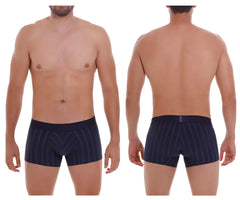 Navy blue Unico Senda trunks with elastic waistband and subtle geometric striped pattern in polyester fabric