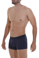Navy blue striped men’s boxer briefs with contoured pouch and elastic waistband by unico model senda trunks color 82