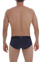 Unico senda briefs in dark navy blue feature a subtle vertical pinstripe pattern with a matching elastic waistband