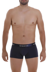 Navy blue unico 22120100102 profundo a22 trunks with white and dark purple waistband featuring bold unico lettering